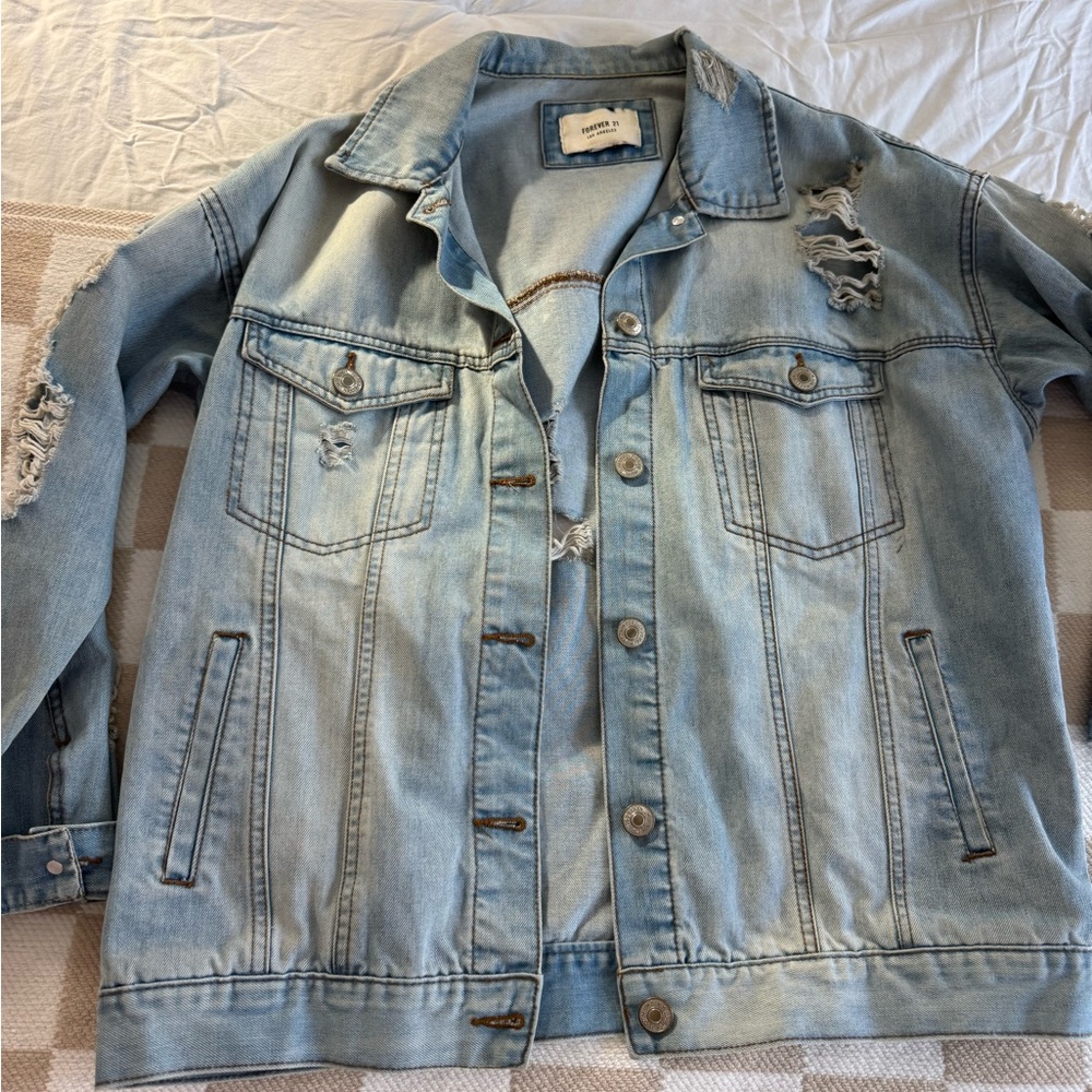 Forever 21 Light Blue Distressed Jean Jacket